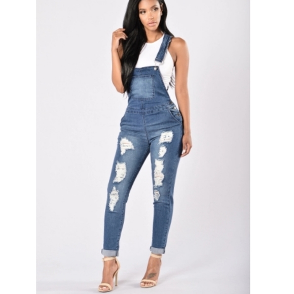 Fashion Nova Pants - Distressed Overall Dark Blue